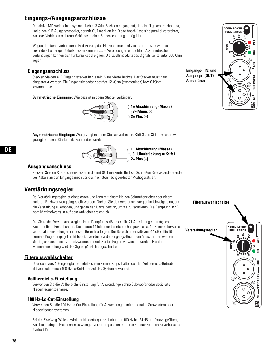 Eingangs-/ausgangsanschlüsse, Verstärkungsregler, De eingangs-/ausgangsanschlüsse | QSC Audio MD-FP122/64r  EU User Manual | Page 38 / 56