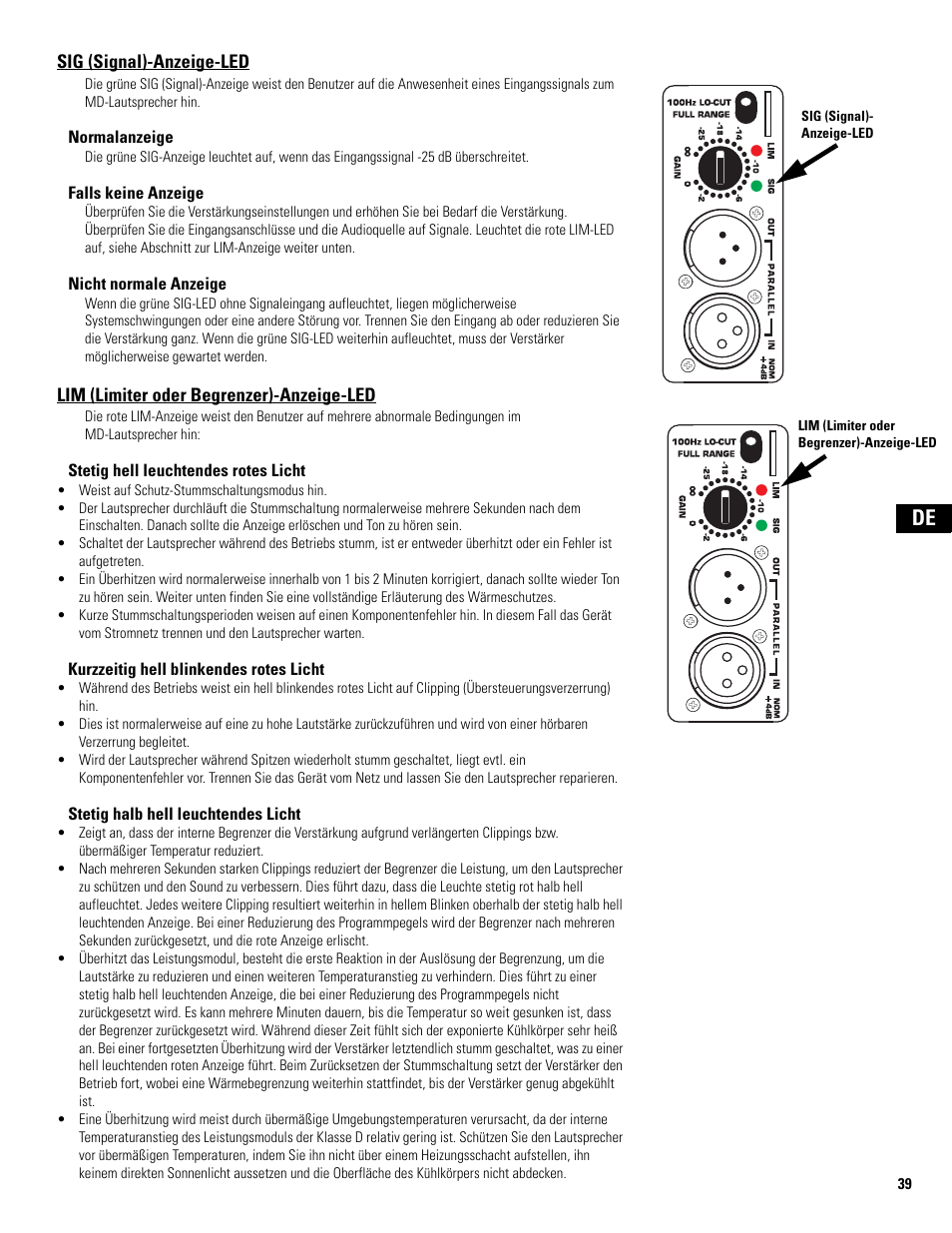 Sig (signal)-anzeige-led, Lim (limiter oder begrenzer)-anzeige-led | QSC Audio MD-FP122/64r  EU User Manual | Page 39 / 56