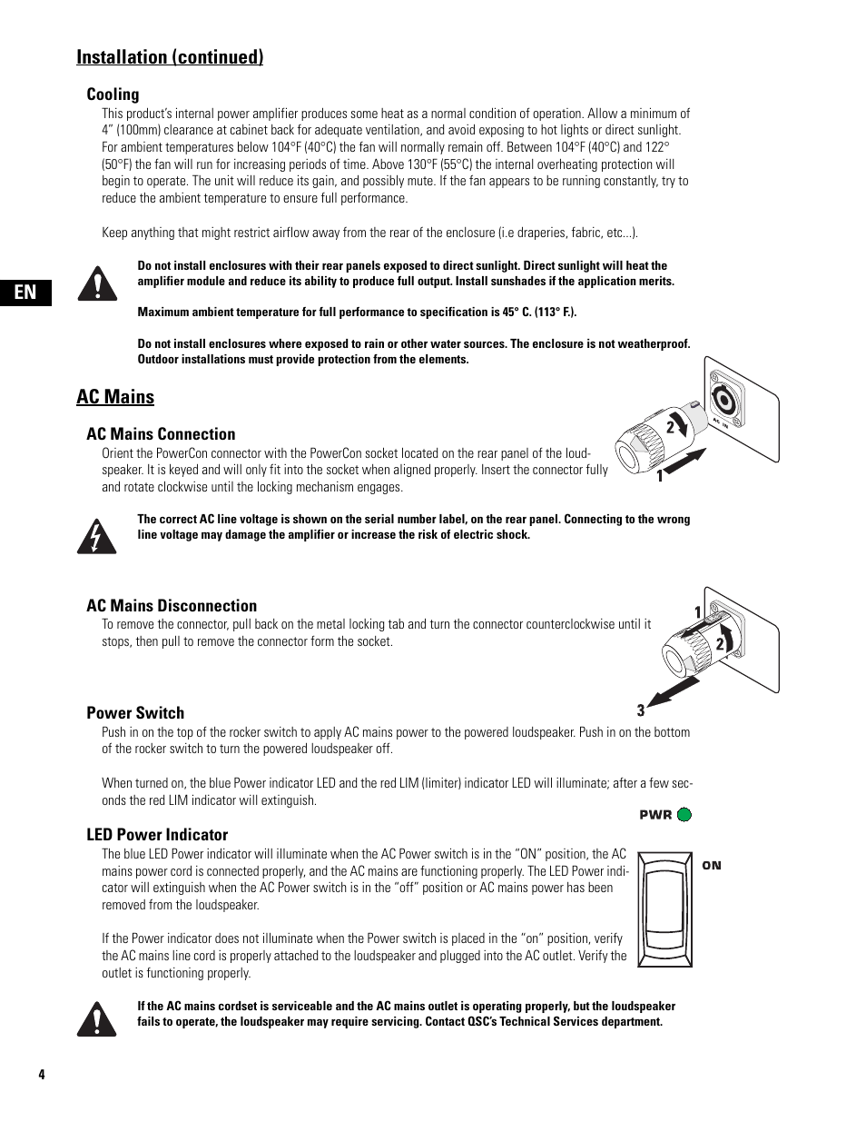 Ac mains, Ac mains connection, Ac mains disconnection | Power switch, Led power indicator, En installation (continued) | QSC Audio MD-FP122/64r  EU User Manual | Page 4 / 56