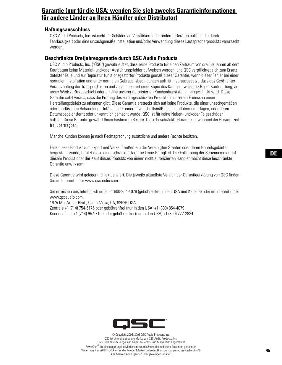 Haftungsausschluss | QSC Audio MD-FP122/64r  EU User Manual | Page 45 / 56