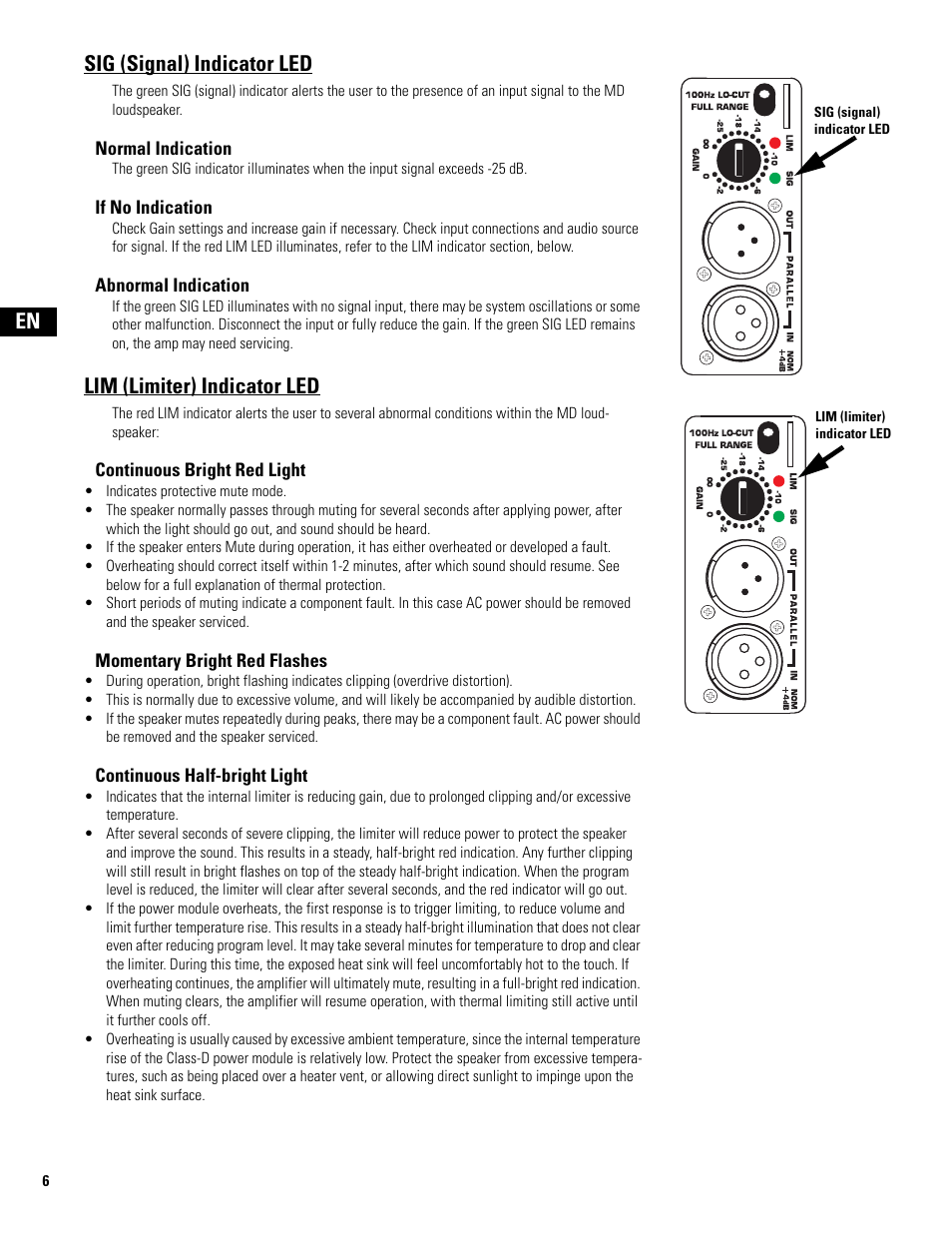 Sig (signal) indicator led, Lim (limiter) indicator led, En sig (signal) indicator led | QSC Audio MD-FP122/64r  EU User Manual | Page 6 / 56