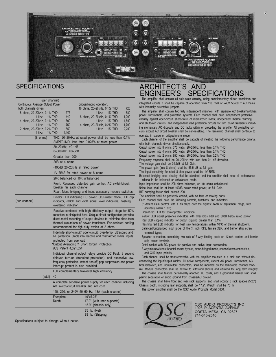 Architect’s and, Engineer’s specifications, Specifications | QSC Audio 3800 User Manual | Page 2 / 2