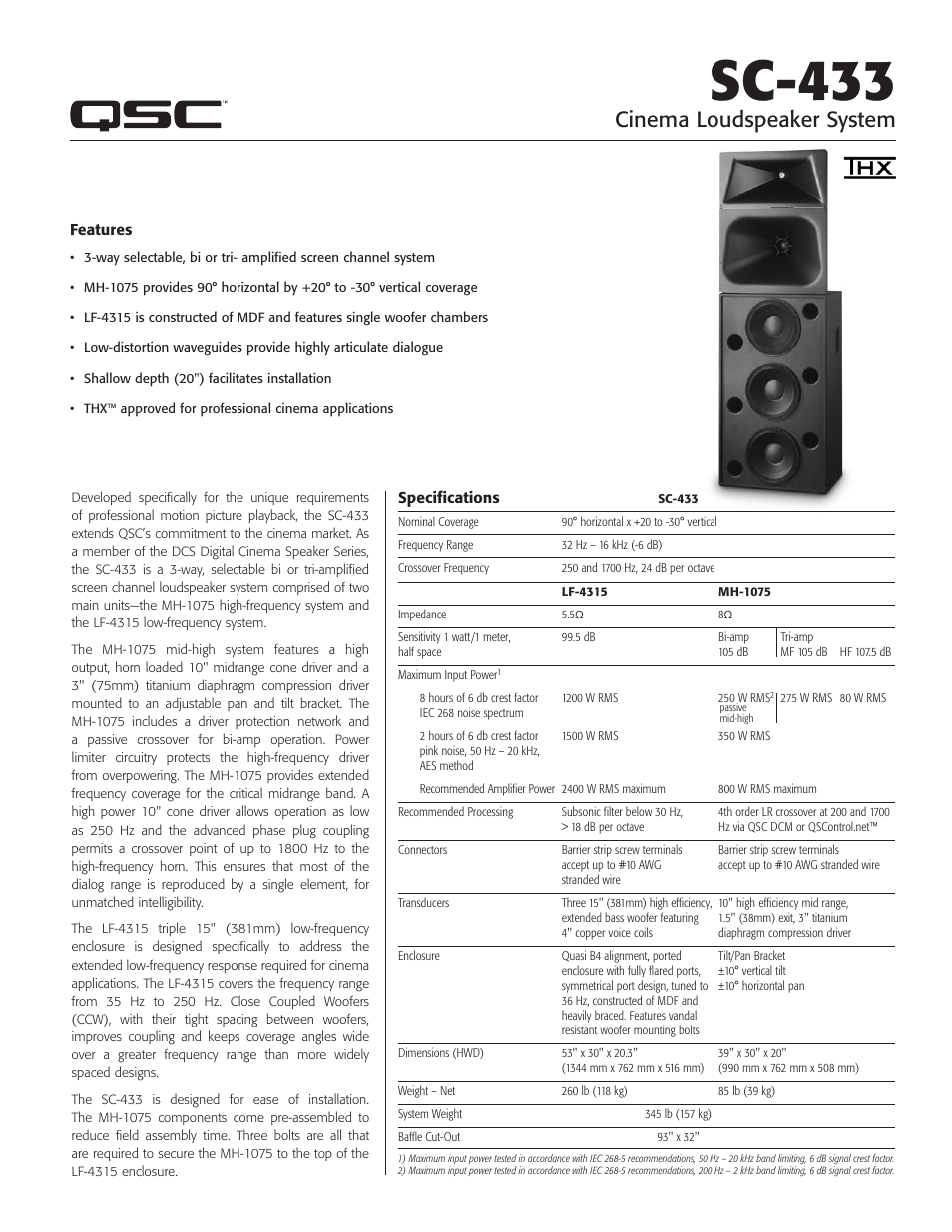 QSC Audio SC-433 User Manual | 2 pages