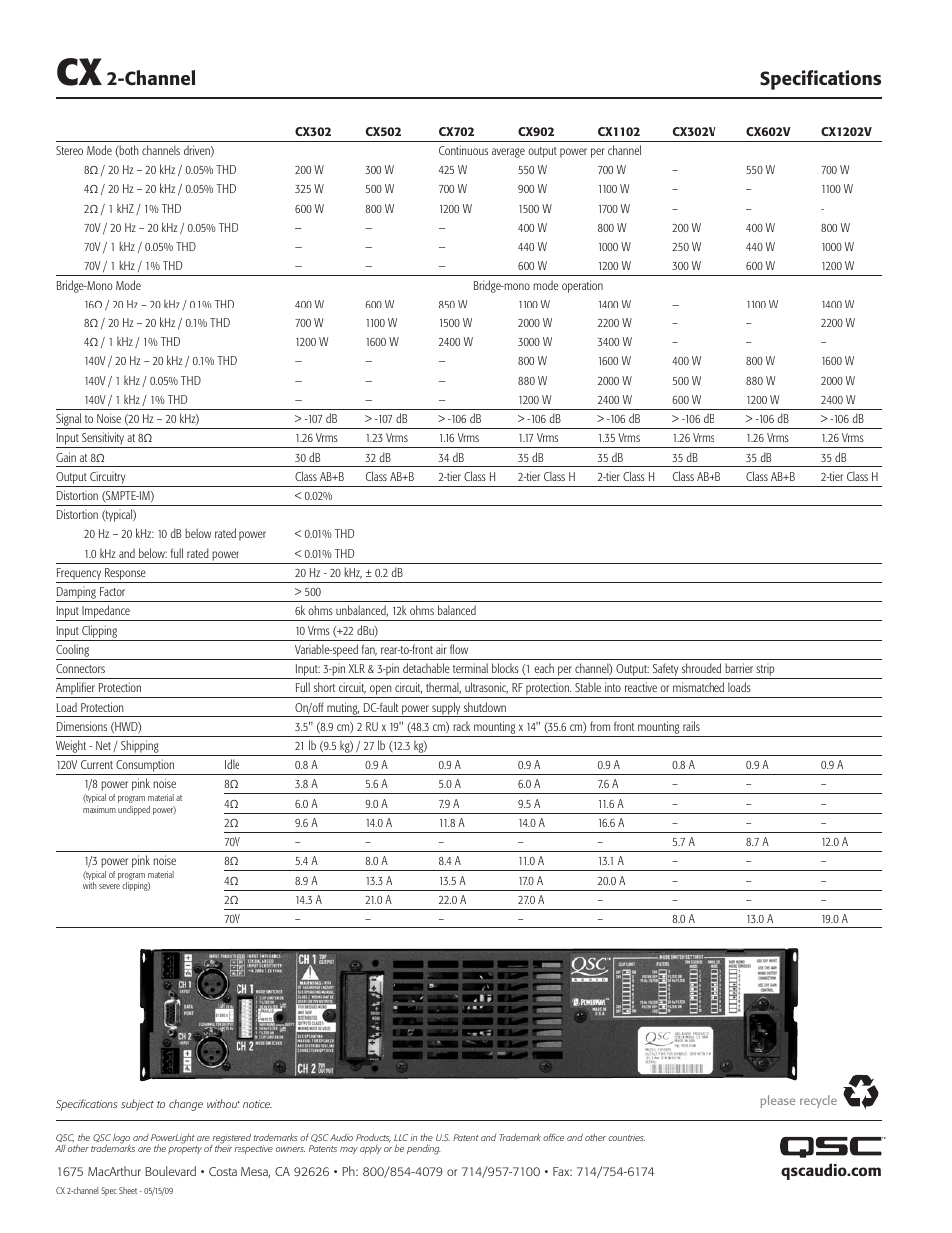 Channel specifications | QSC Audio CX702 User Manual | Page 2 / 2