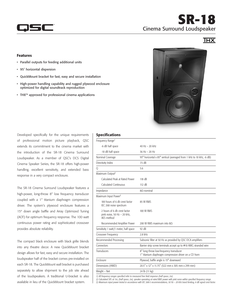 QSC Audio Cinema Surround Loudspeaker SR-18 User Manual | 2 pages