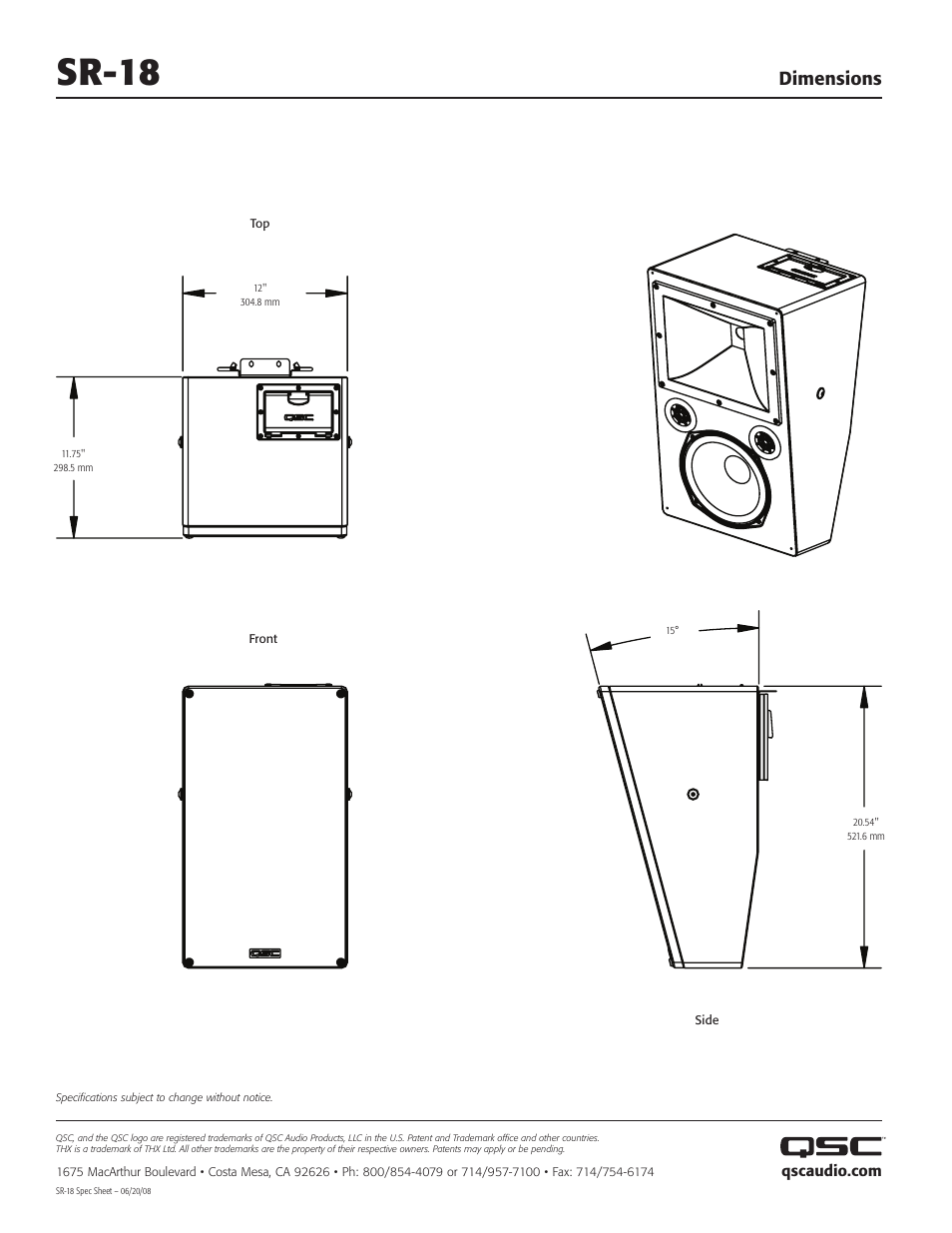 Sr-18, Dimensions | QSC Audio Cinema Surround Loudspeaker SR-18 User Manual | Page 2 / 2
