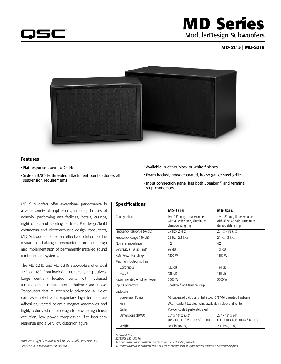 QSC Audio ModularDesign Subwoofer MD-S218 User Manual | 2 pages