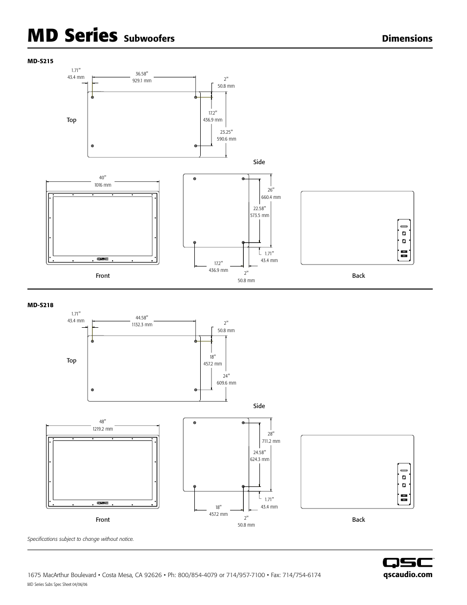 Md series, Subwoofers dimensions | QSC Audio ModularDesign Subwoofer MD-S218 User Manual | Page 2 / 2