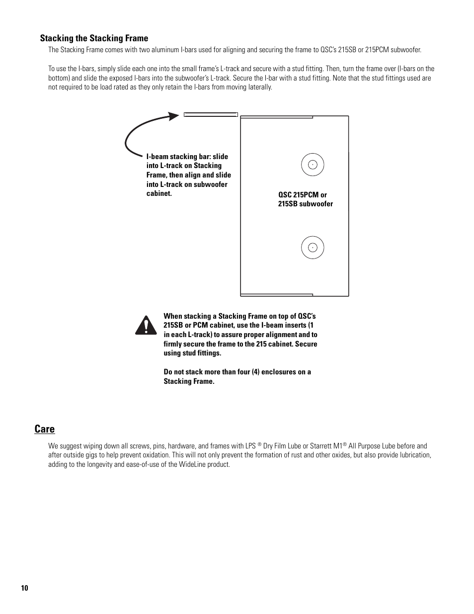 Stacking the stacking frame, Care | QSC Audio WL2102-w User Manual | Page 10 / 14
