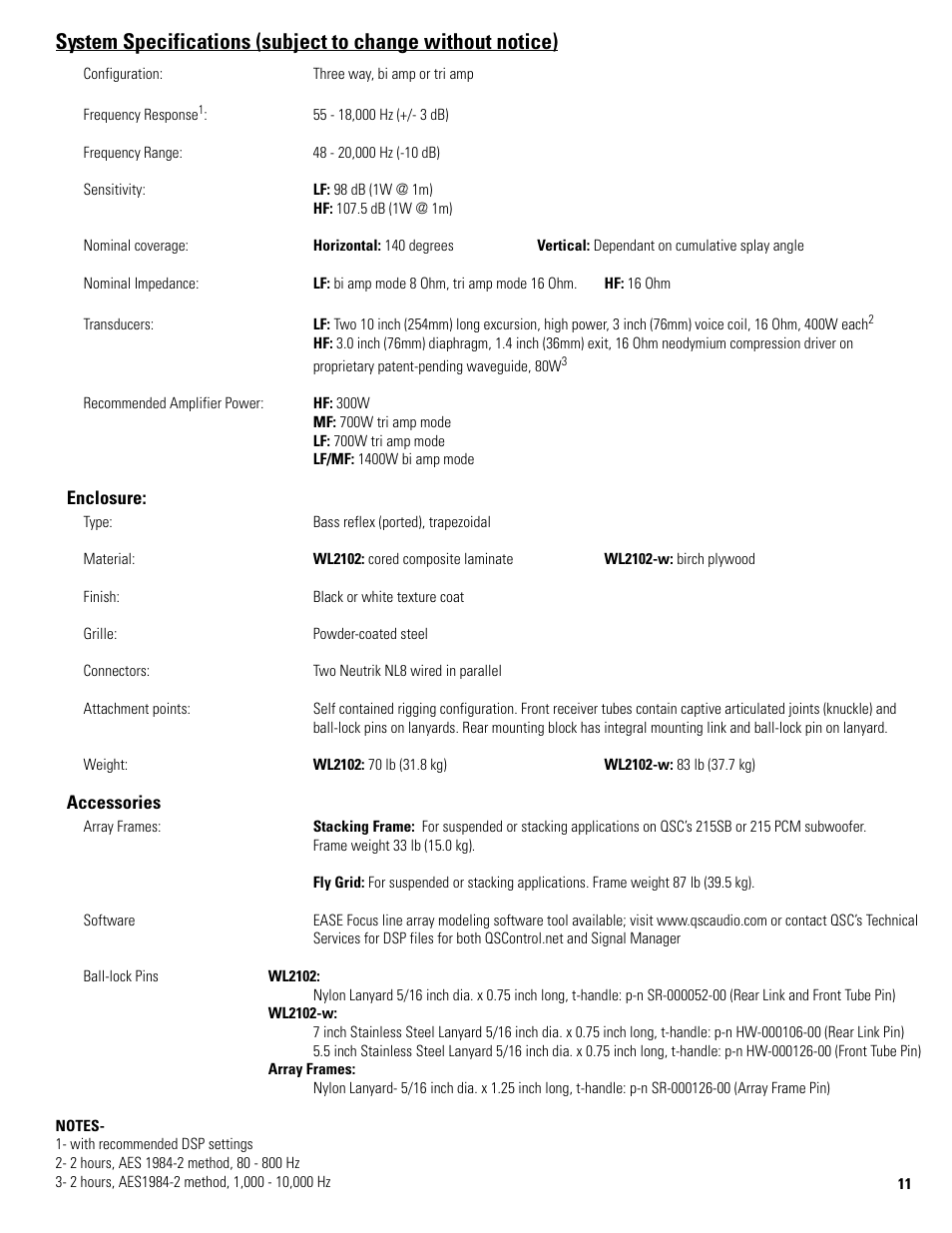 System specifications | QSC Audio WL2102-w User Manual | Page 11 / 14