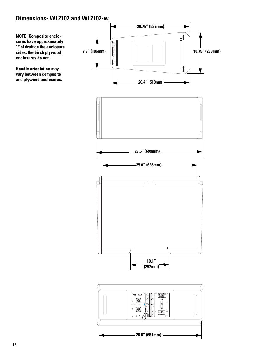 Dimensions- wl2102 and wl2102-w | QSC Audio WL2102-w User Manual | Page 12 / 14