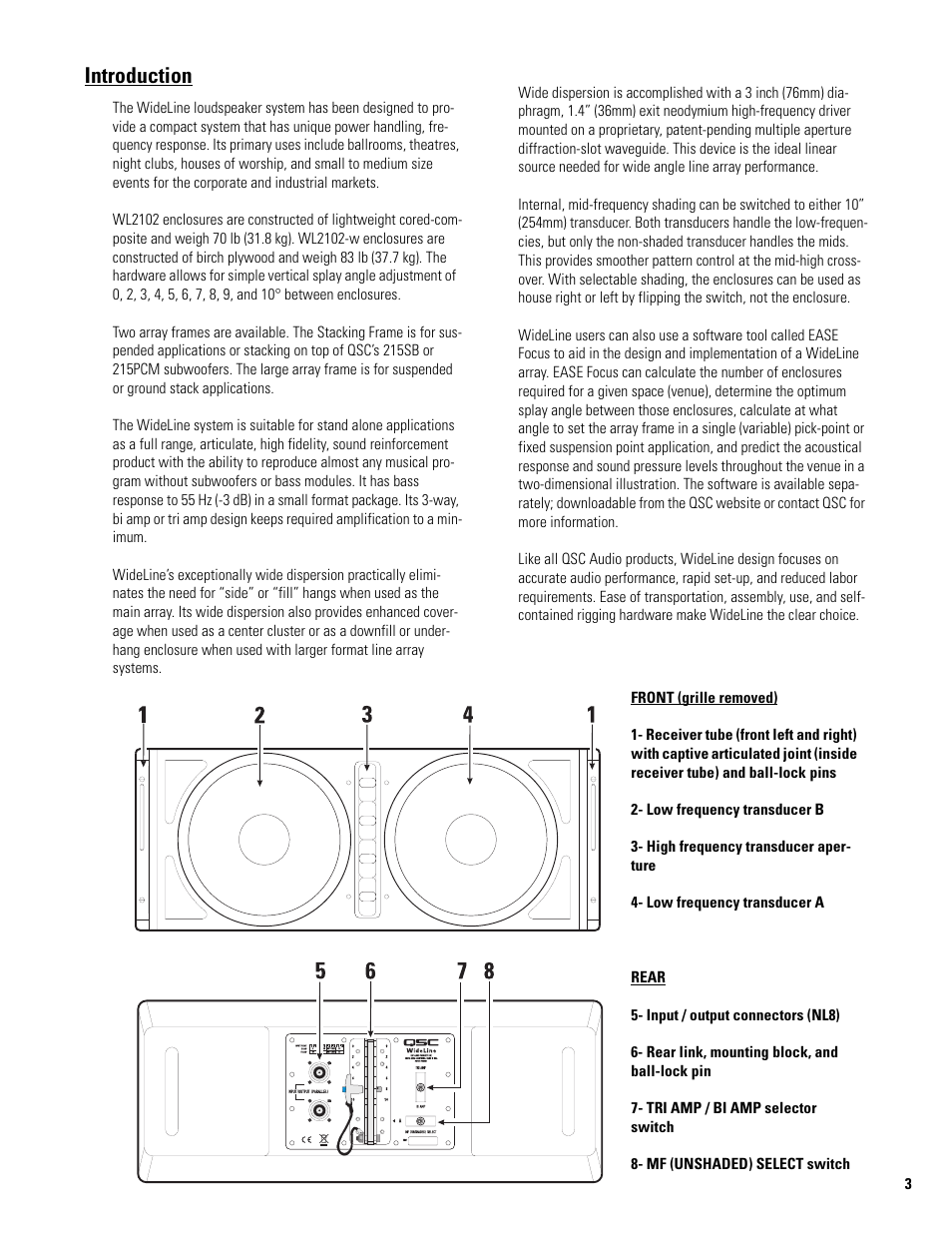 Introduction, Illustration: front and rear | QSC Audio WL2102-w User Manual | Page 3 / 14