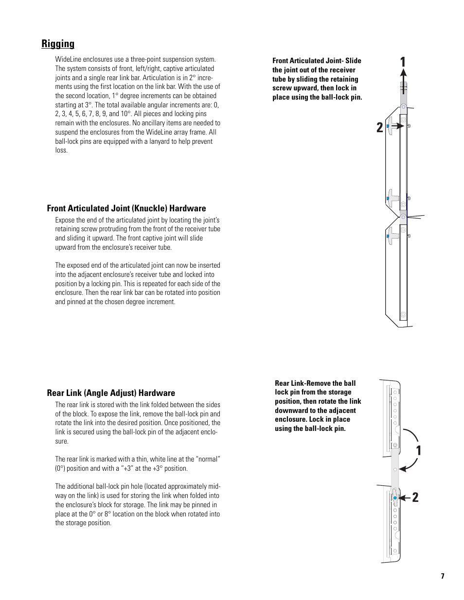 Front articulated joint (knuckle) hardware, Rear link (angle adjust) hardware, Rigging | QSC Audio WL2102-w User Manual | Page 7 / 14