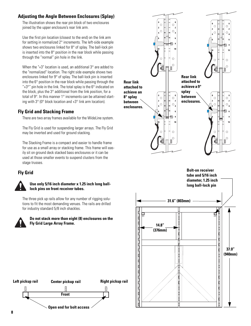 Adjusting the angle between enclosures (splay), Fly grid and stacking frame, Fly grid | QSC Audio WL2102-w User Manual | Page 8 / 14
