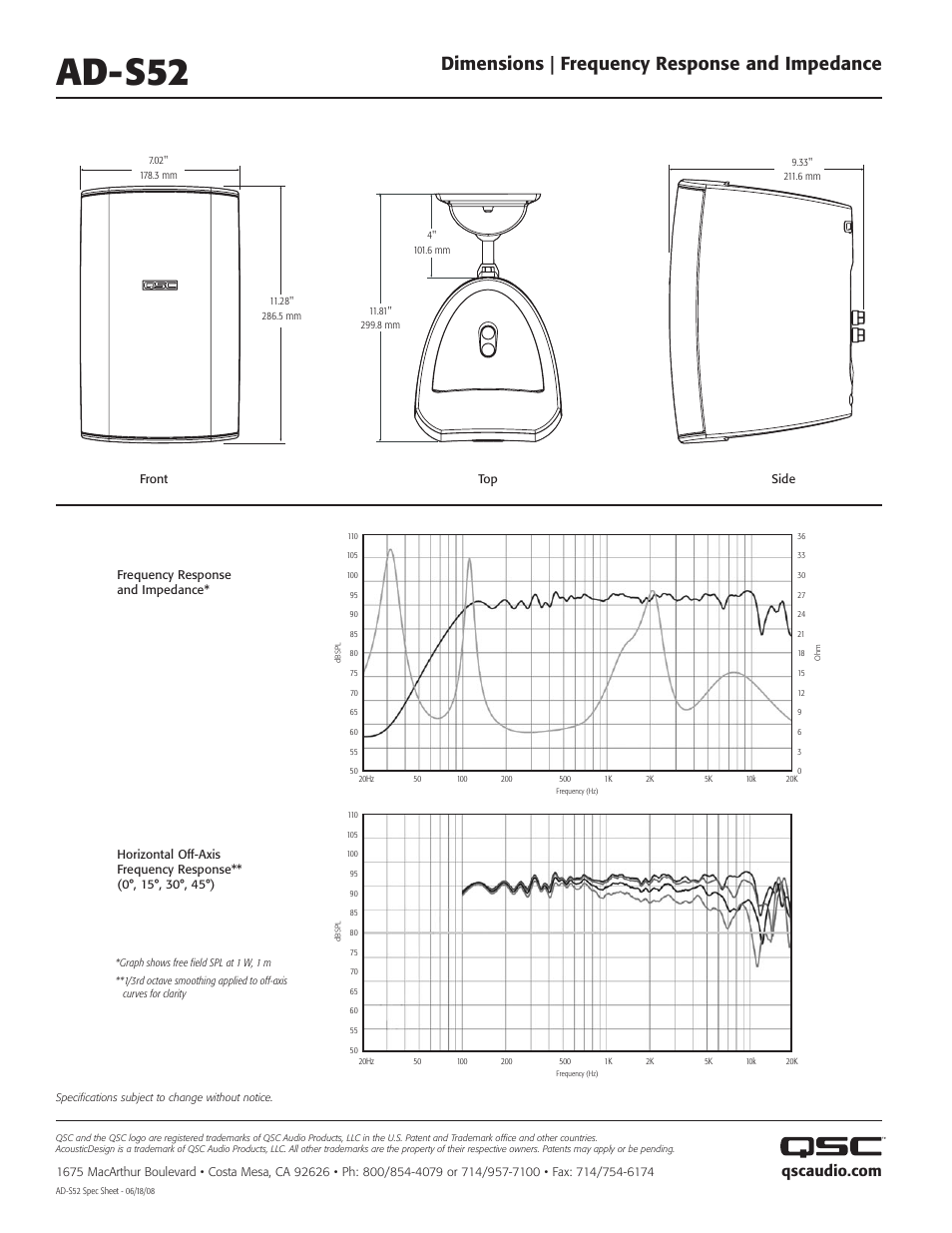 Ad-s52, Dimensions | frequency response and impedance | QSC Audio AD-S52 User Manual | Page 2 / 2