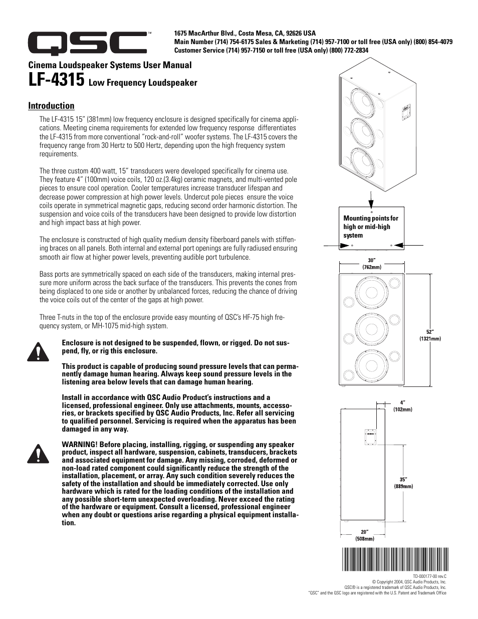 QSC Audio LF-4315 User Manual | 20 pages