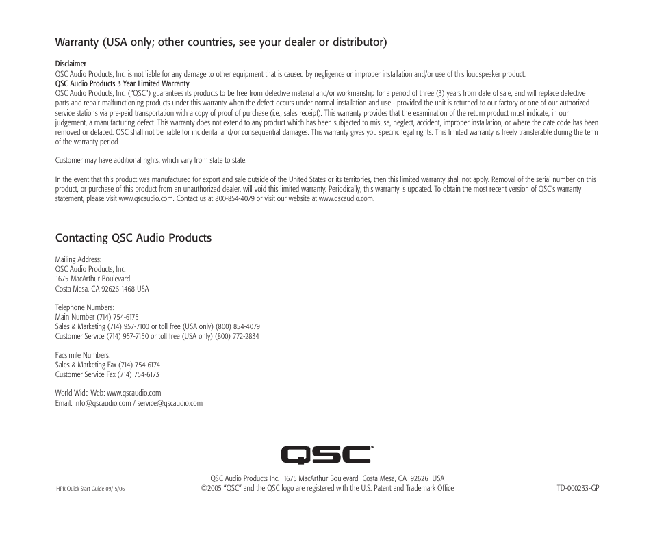 Contacting qsc audio products | QSC Audio HPR153i  EN User Manual | Page 6 / 6