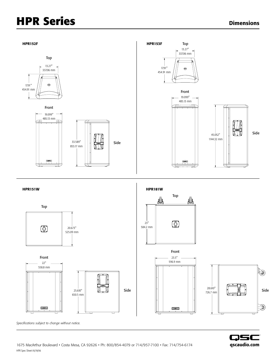 Hpr series, Dimensions | QSC Audio HPR181W  EN User Manual | Page 4 / 4