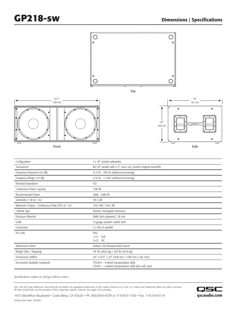 Gp218-sw, Dimensions | specifications | QSC Audio GP218-sw User Manual | Page 2 / 2