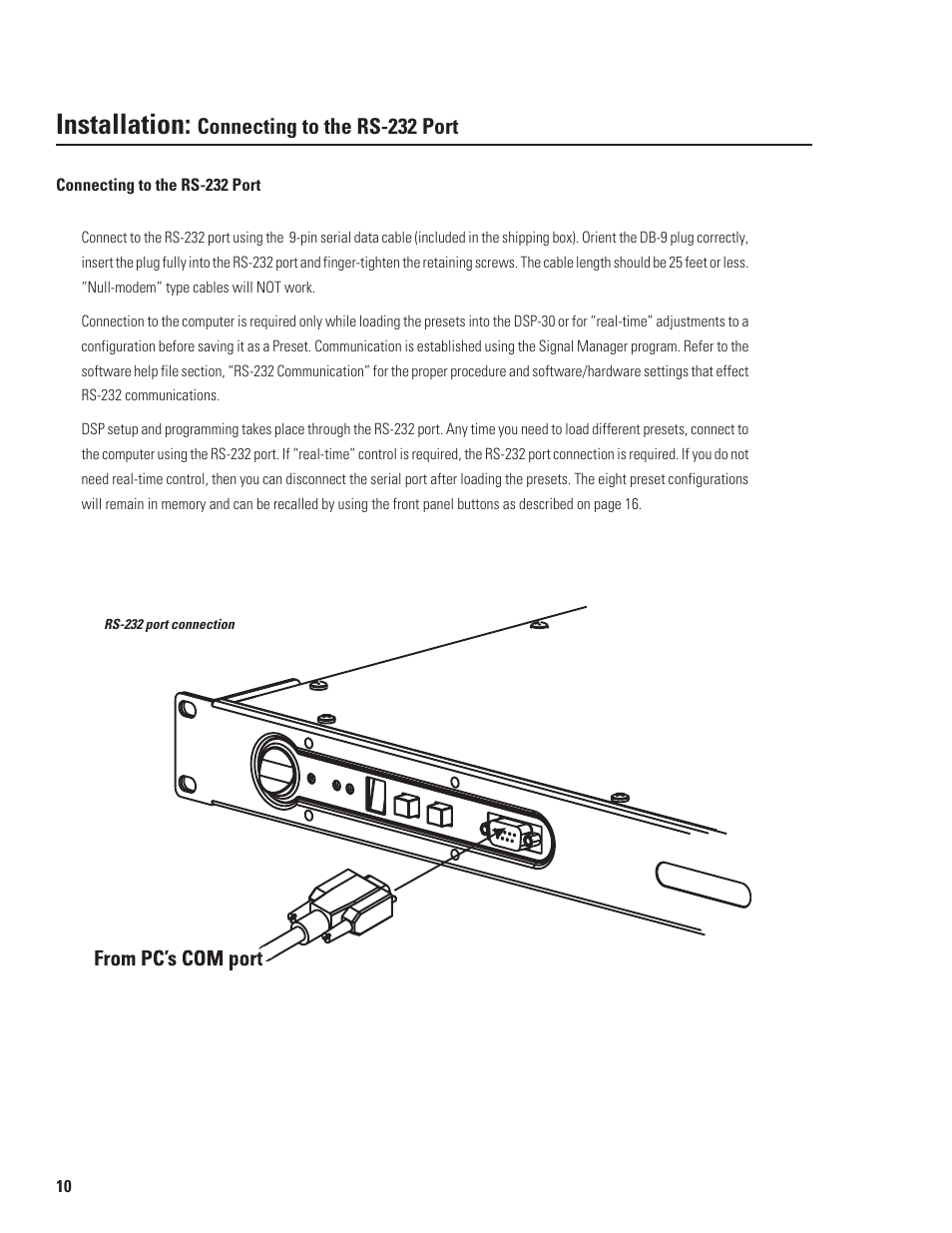 Installation, Connecting to the rs-232 port | QSC Audio DSP-30 User Manual | Page 10 / 28