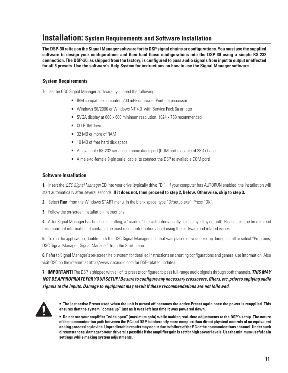 Installation, System requirements and software installation | QSC Audio DSP-30 User Manual | Page 11 / 28