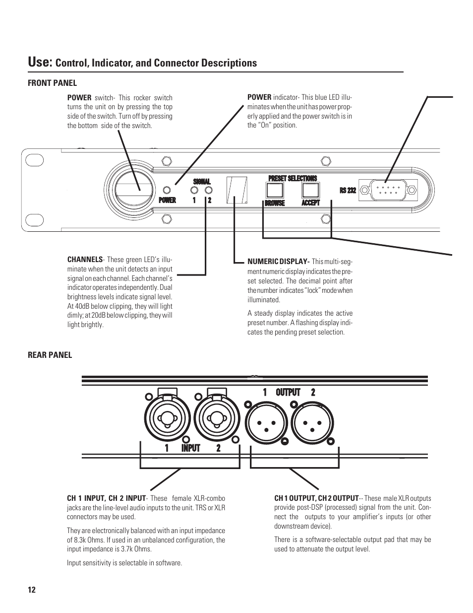 Control, indicator, and connector descriptions | QSC Audio DSP-30 User Manual | Page 12 / 28