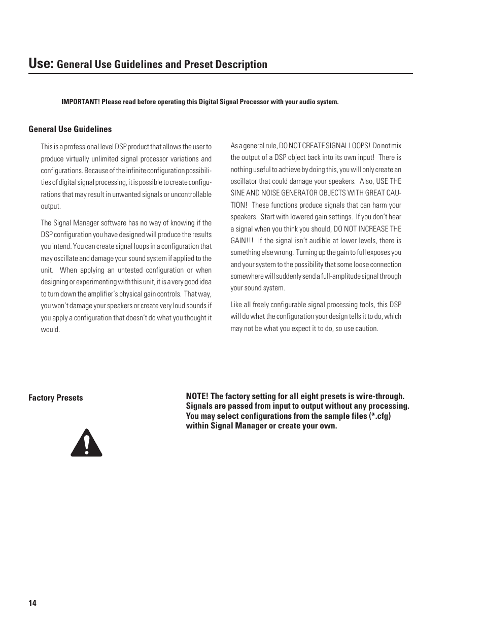 General use guidelines and preset description | QSC Audio DSP-30 User Manual | Page 14 / 28