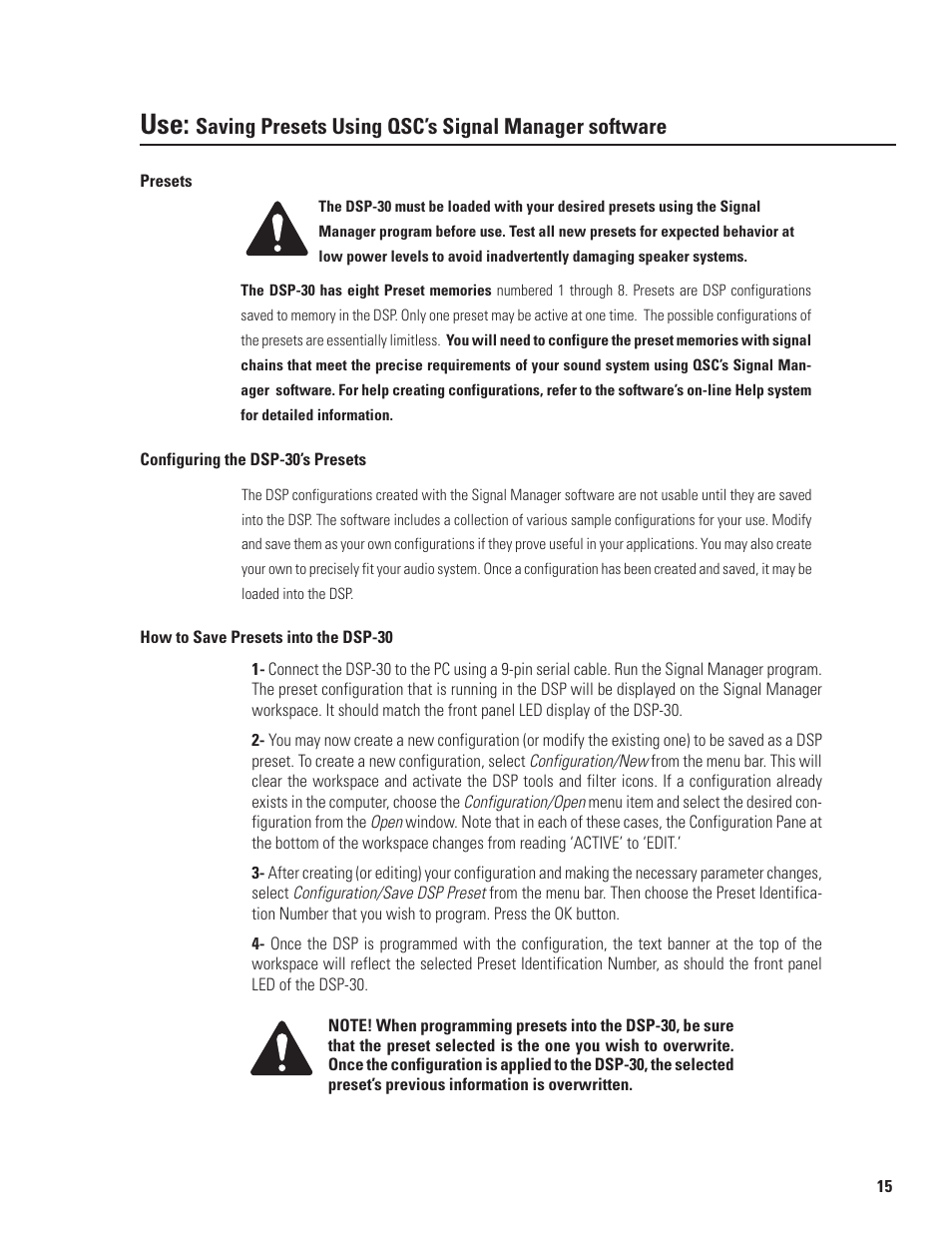 Saving presets using qsc’s signal manager software | QSC Audio DSP-30 User Manual | Page 15 / 28