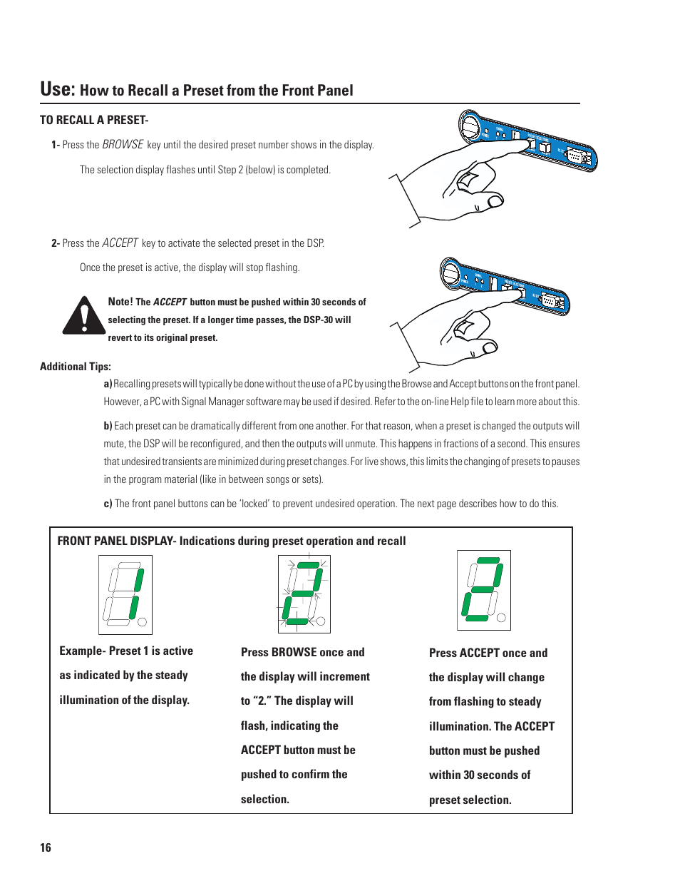 How to recall a preset from the front panel | QSC Audio DSP-30 User Manual | Page 16 / 28