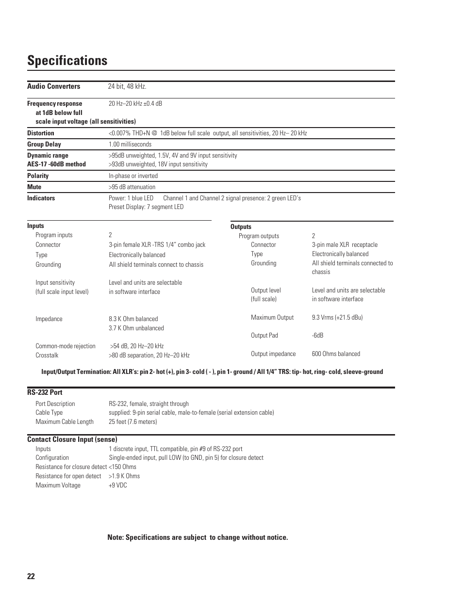 Specifications | QSC Audio DSP-30 User Manual | Page 22 / 28