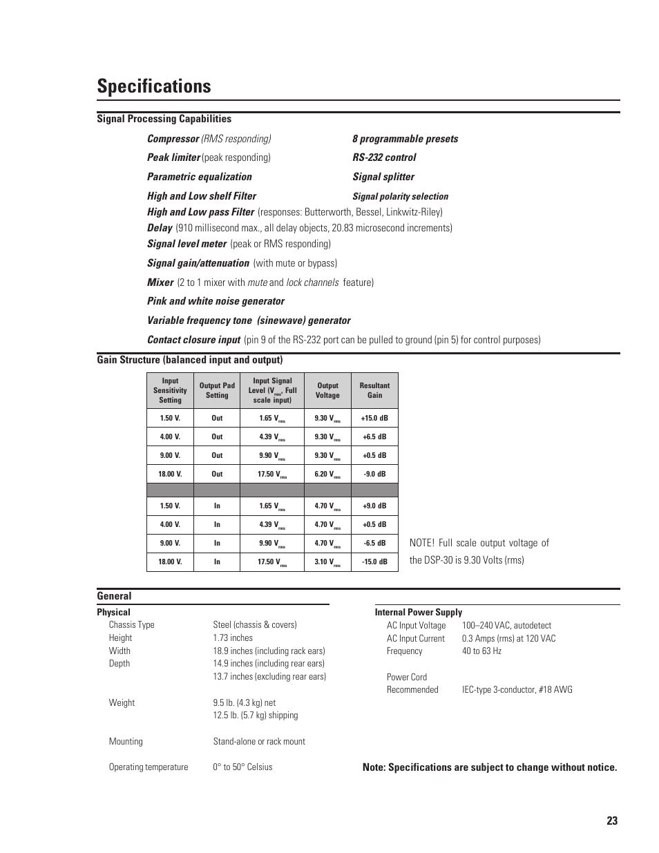 Specifications | QSC Audio DSP-30 User Manual | Page 23 / 28