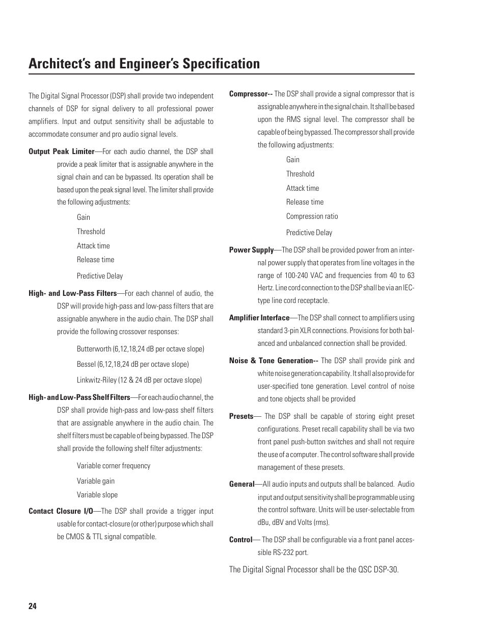 Architect’s and engineer’s specification | QSC Audio DSP-30 User Manual | Page 24 / 28