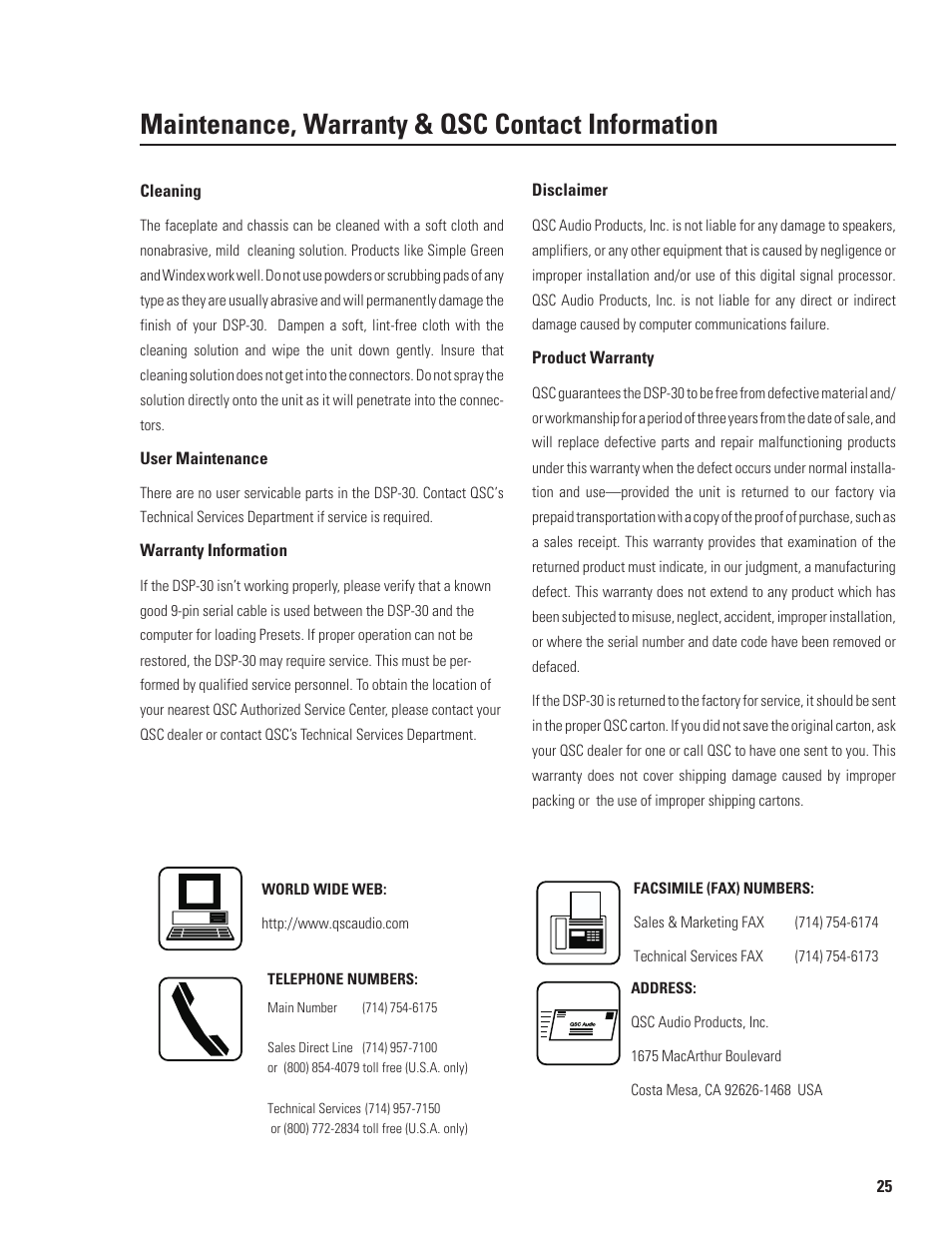 Maintenance, warranty & qsc contact information | QSC Audio DSP-30 User Manual | Page 25 / 28