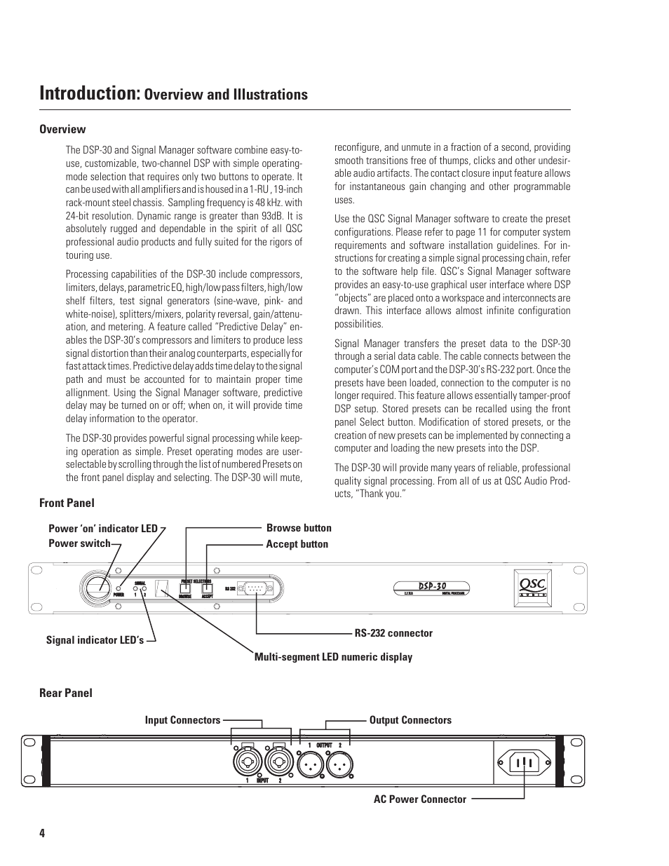 Introduction, Overview and illustrations | QSC Audio DSP-30 User Manual | Page 4 / 28