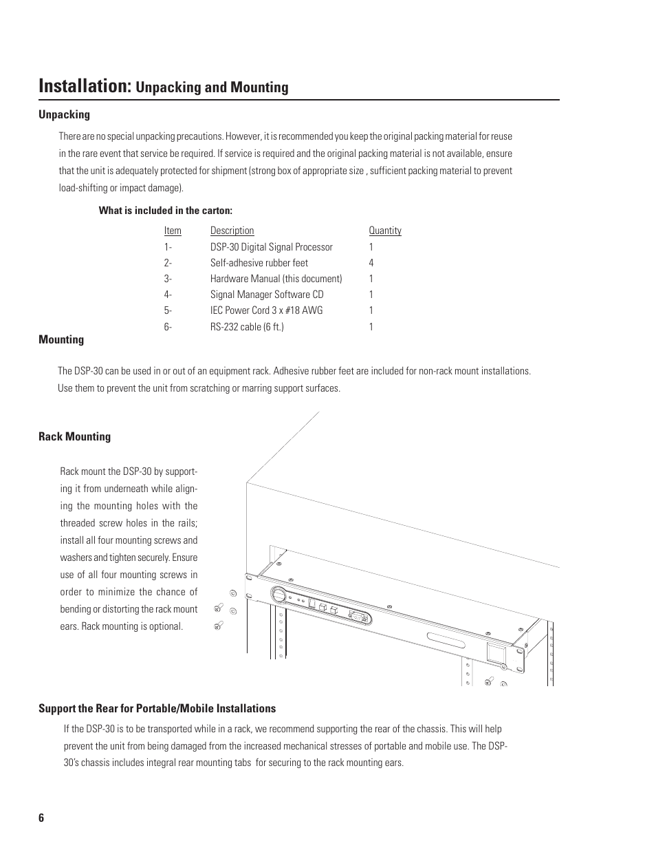 Installation, Unpacking and mounting | QSC Audio DSP-30 User Manual | Page 6 / 28