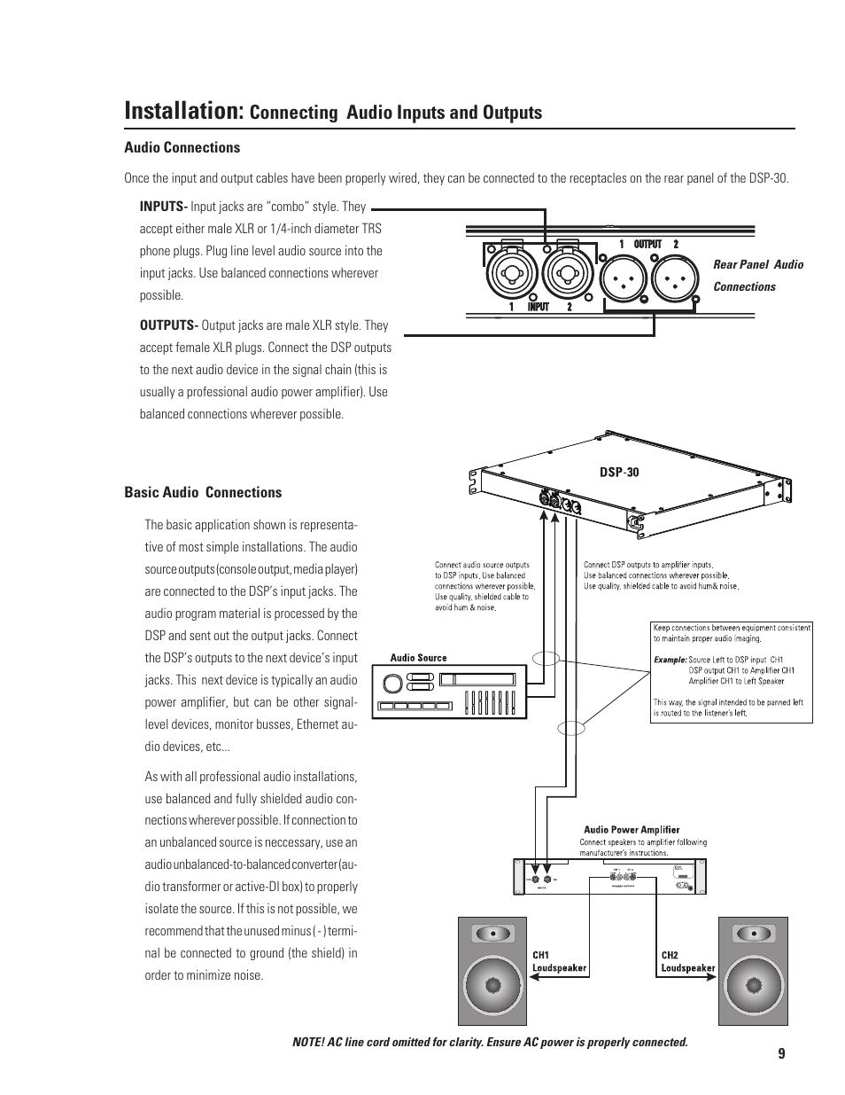 Installation, Connecting audio inputs and outputs | QSC Audio DSP-30 User Manual | Page 9 / 28