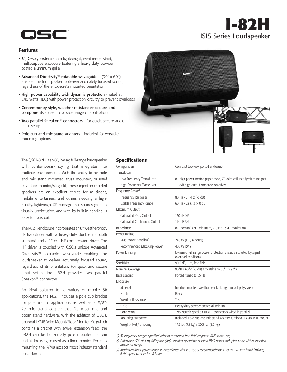 QSC Audio ISIS Series Loudspeaker I-84H User Manual | 2 pages