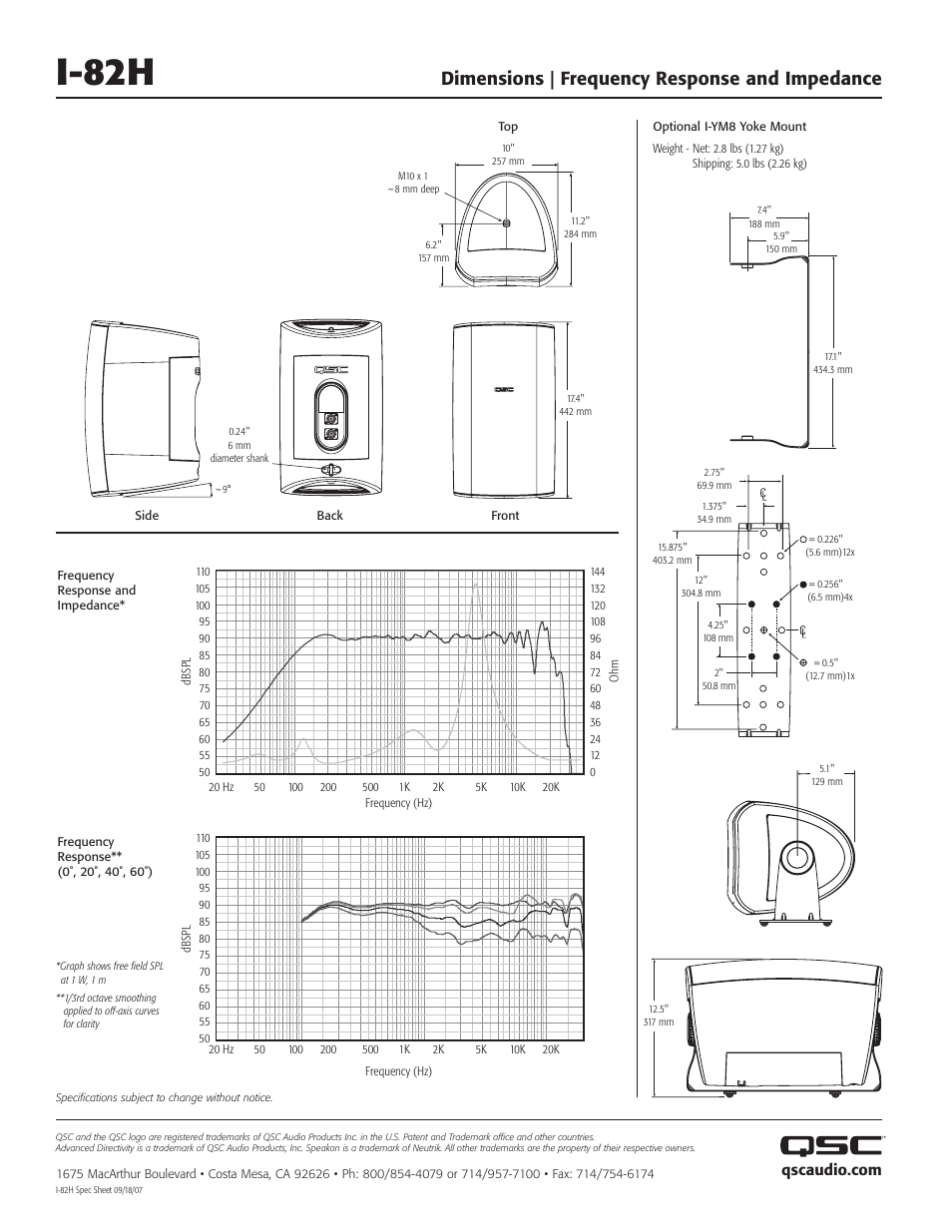 I-82h, Dimensions | frequency response and impedance | QSC Audio ISIS Series Loudspeaker I-84H User Manual | Page 2 / 2