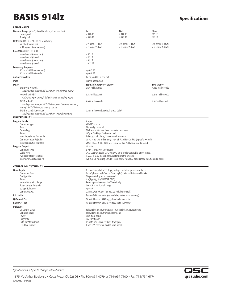 Basis 914lz, Specifications | QSC Audio 914LZ User Manual | Page 2 / 2