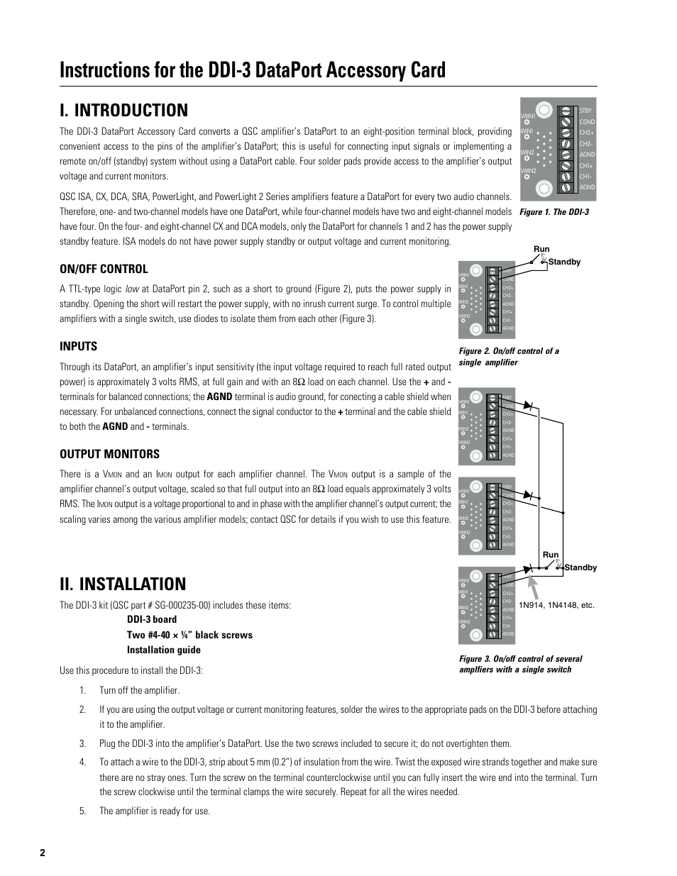 Instructions for the ddi-3 dataport accessory card, I. introduction, Ii. installation | On/off control, Inputs, Output monitors | QSC Audio DD1-3 User Manual | Page 2 / 4