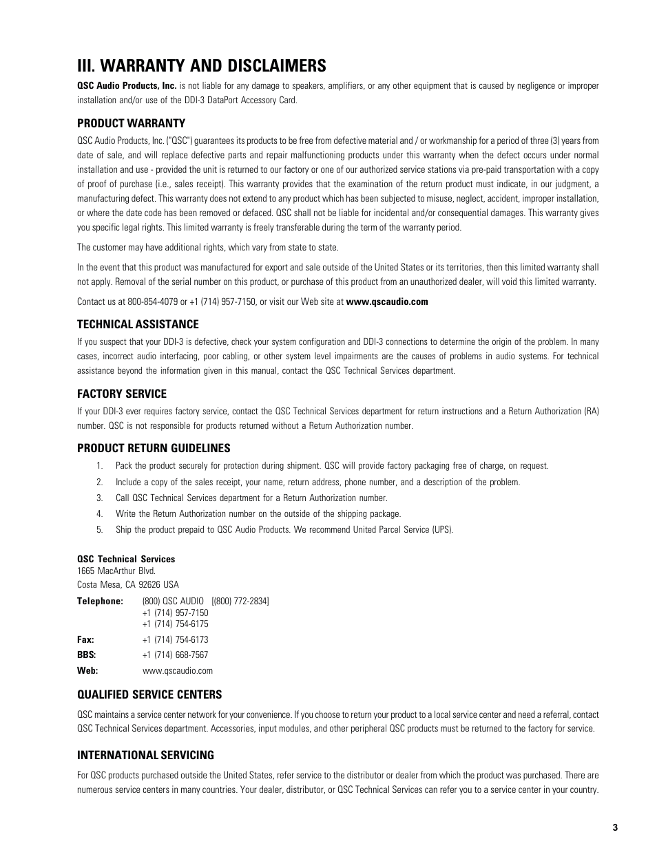Iii. warranty and disclaimers | QSC Audio DD1-3 User Manual | Page 3 / 4