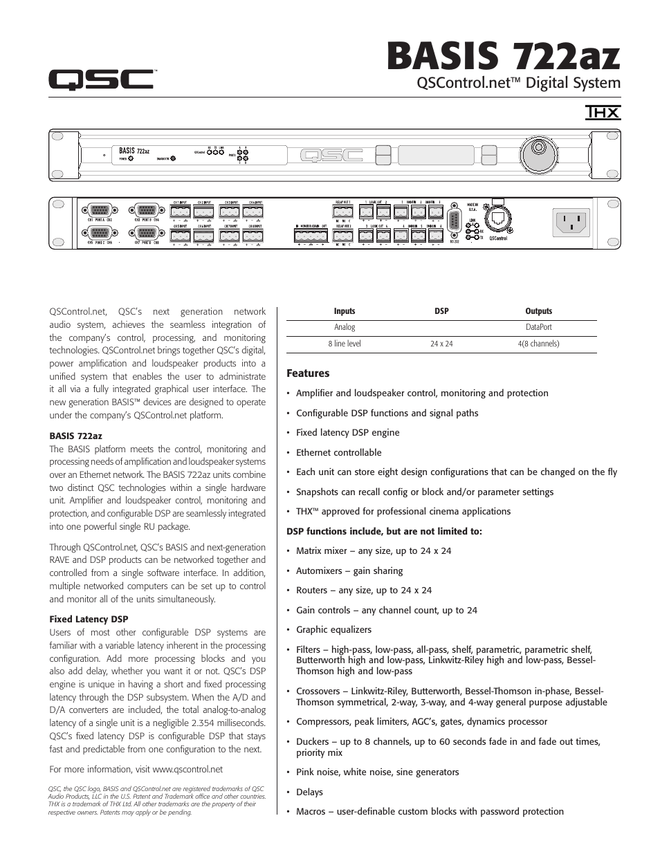 QSC Audio BASIS 722az User Manual | 2 pages