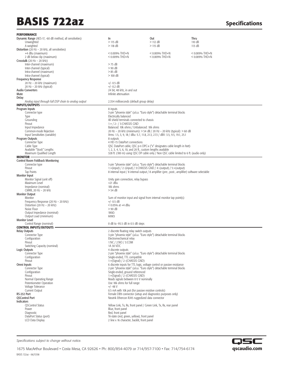 Basis 722az, Specifications | QSC Audio BASIS 722az User Manual | Page 2 / 2