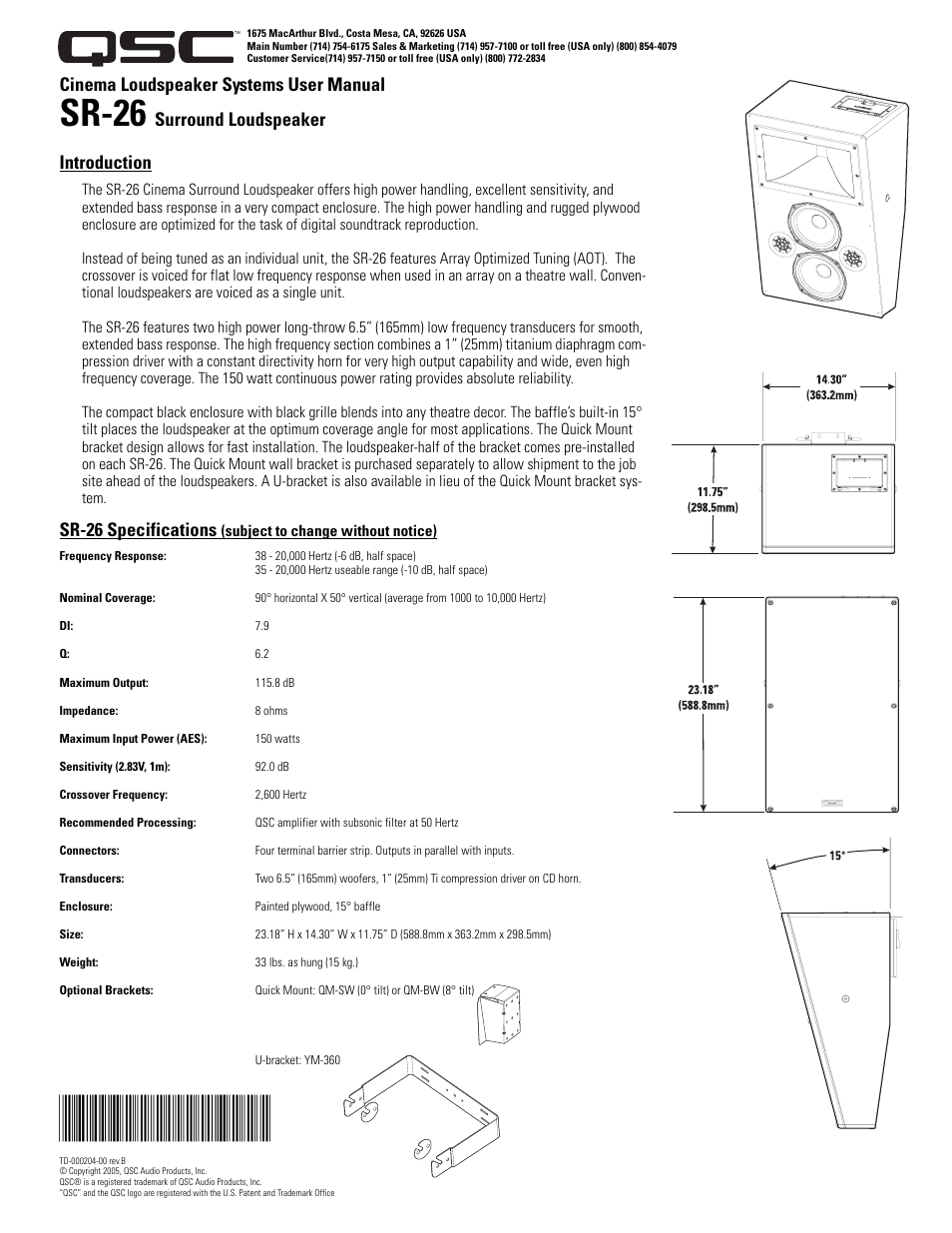 QSC Audio SR-26 User Manual | 10 pages