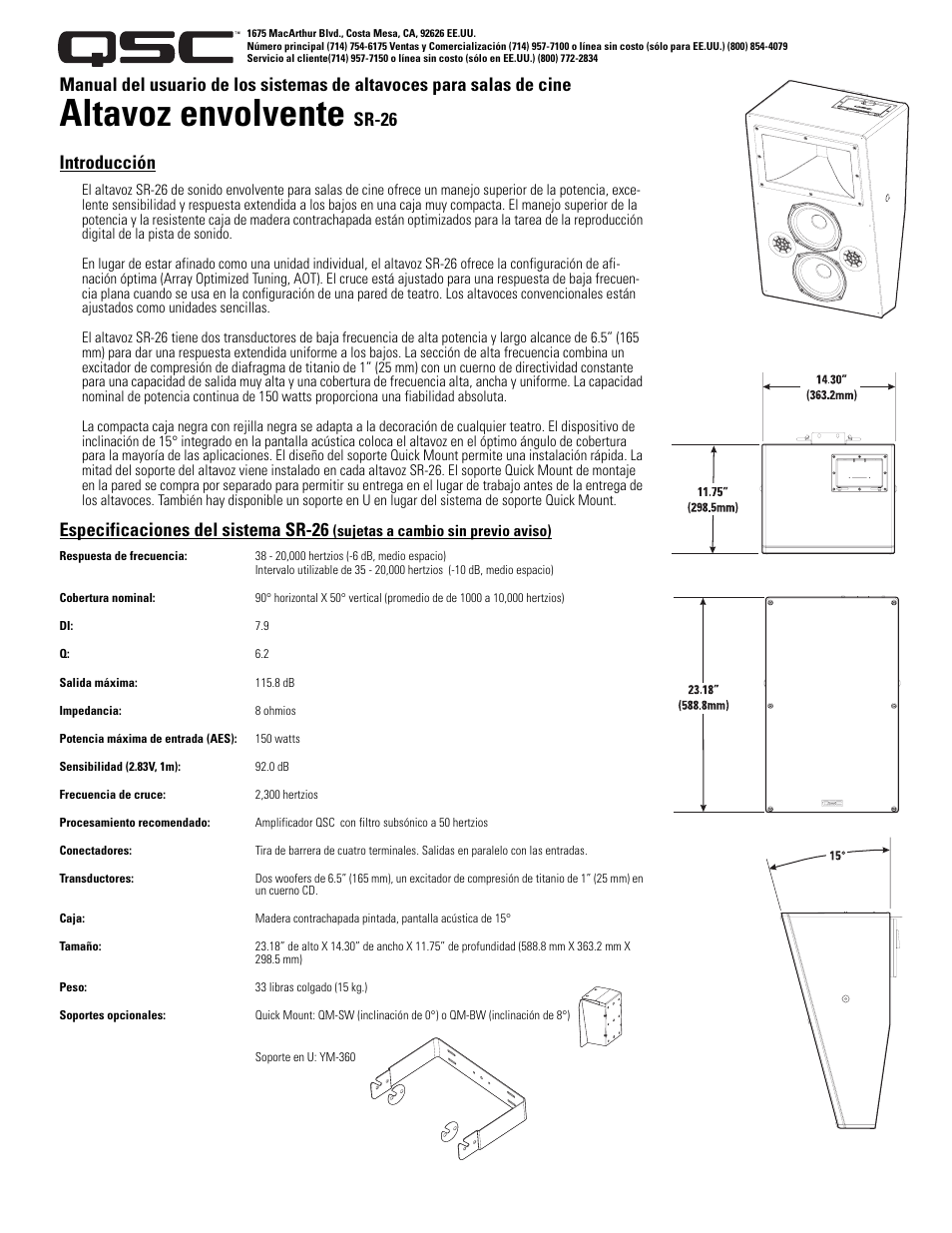 Altavoz envolvente, Sr-26 introducción, Especificaciones del sistema sr-26 | QSC Audio SR-26 User Manual | Page 3 / 10