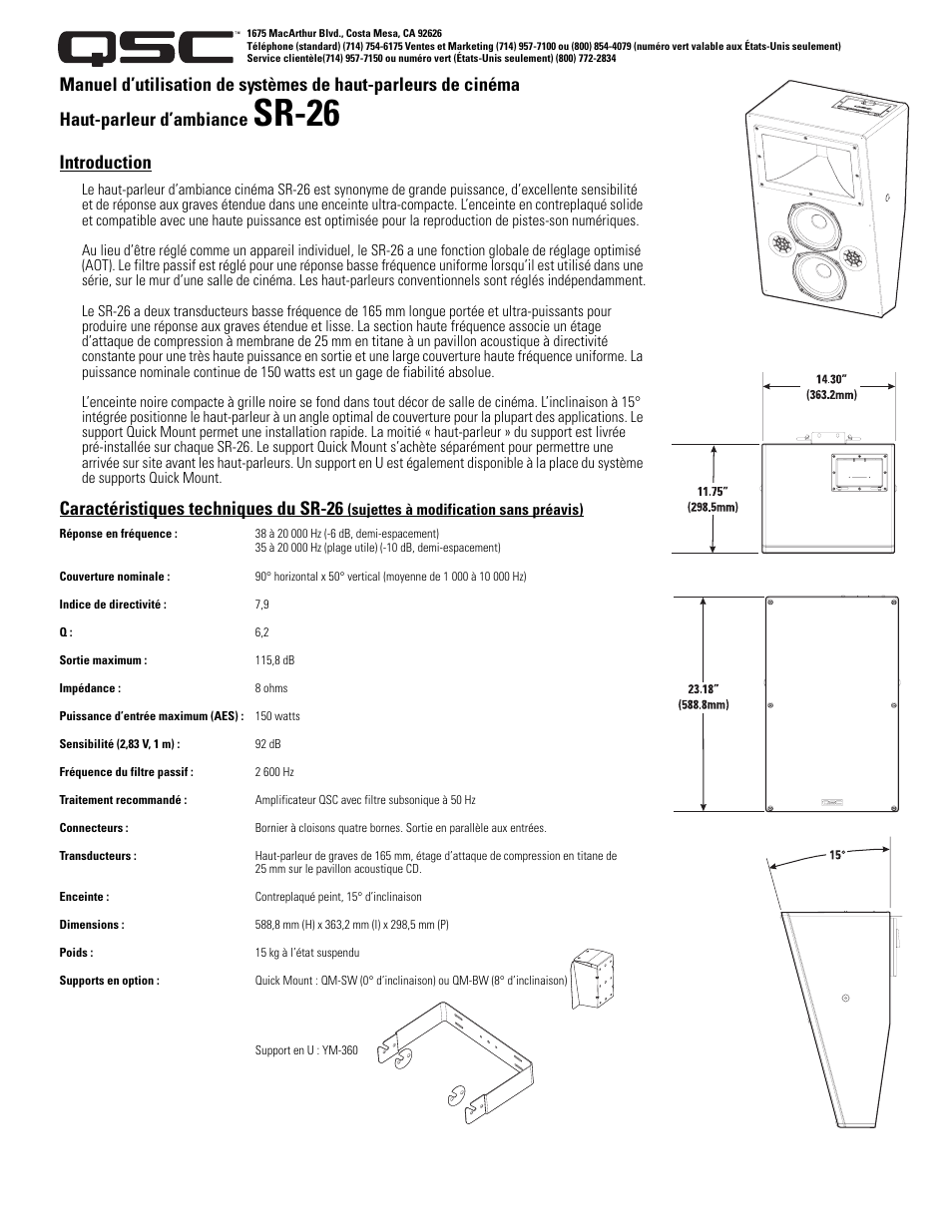 Sr-26, Introduction, Caractéristiques techniques du sr-26 | QSC Audio SR-26 User Manual | Page 5 / 10