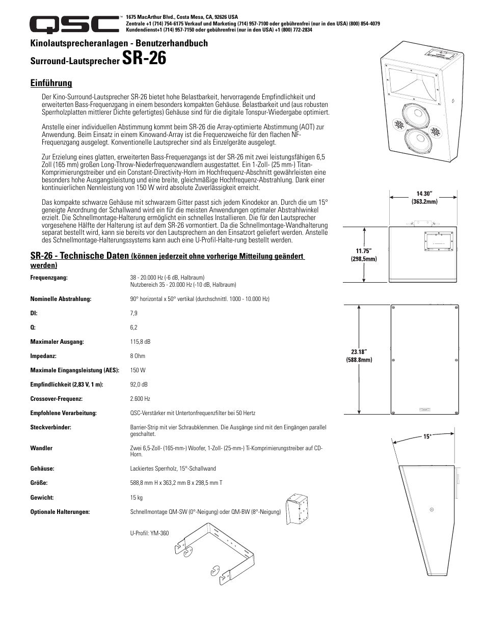 Sr-26, Einführung, Sr-26 - technische daten | QSC Audio SR-26 User Manual | Page 7 / 10