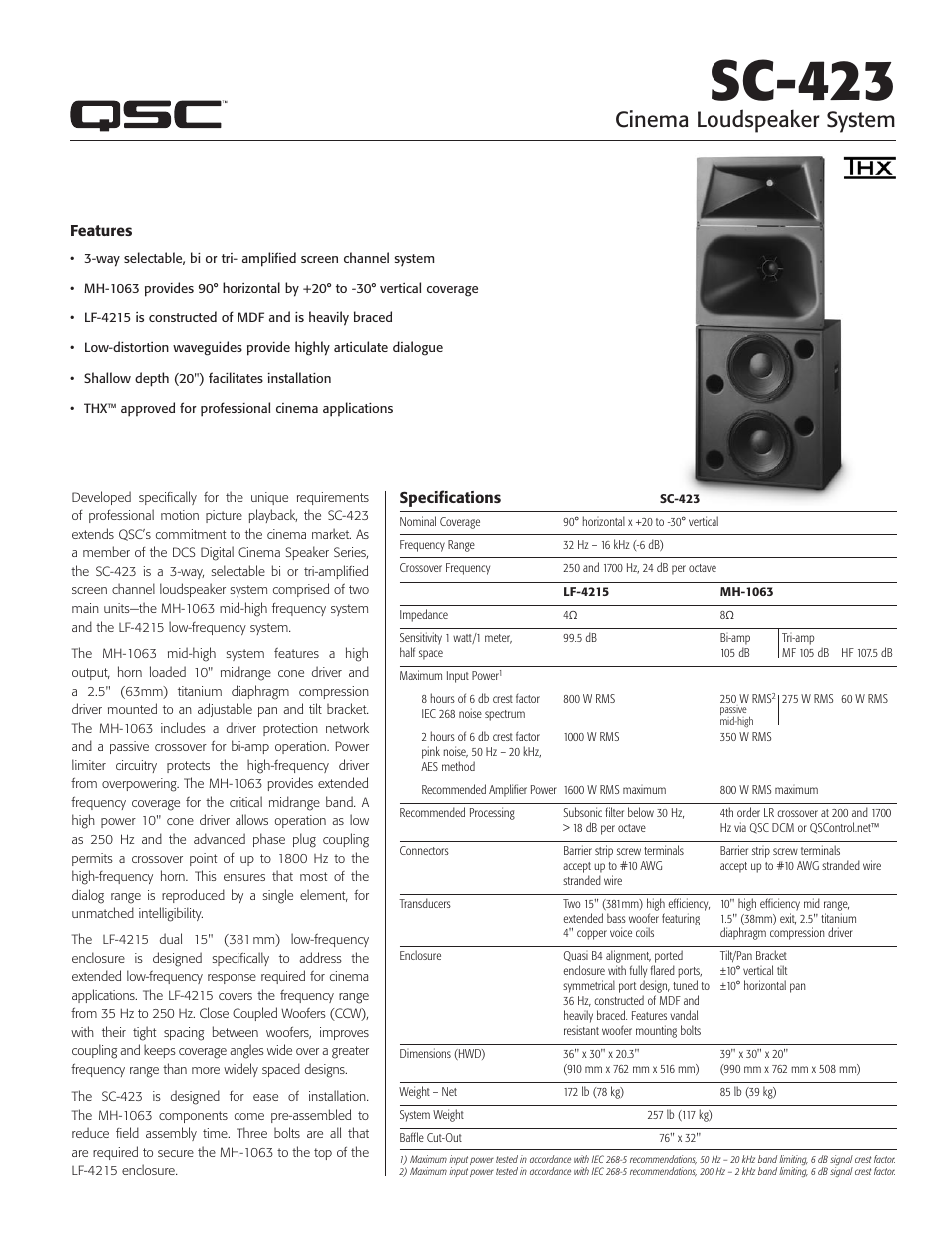 QSC Audio SC-423 User Manual | 2 pages