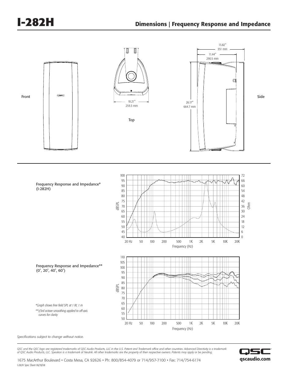 I-282h, Dimensions | frequency response and impedance | QSC Audio ISIS I-282H User Manual | Page 2 / 2