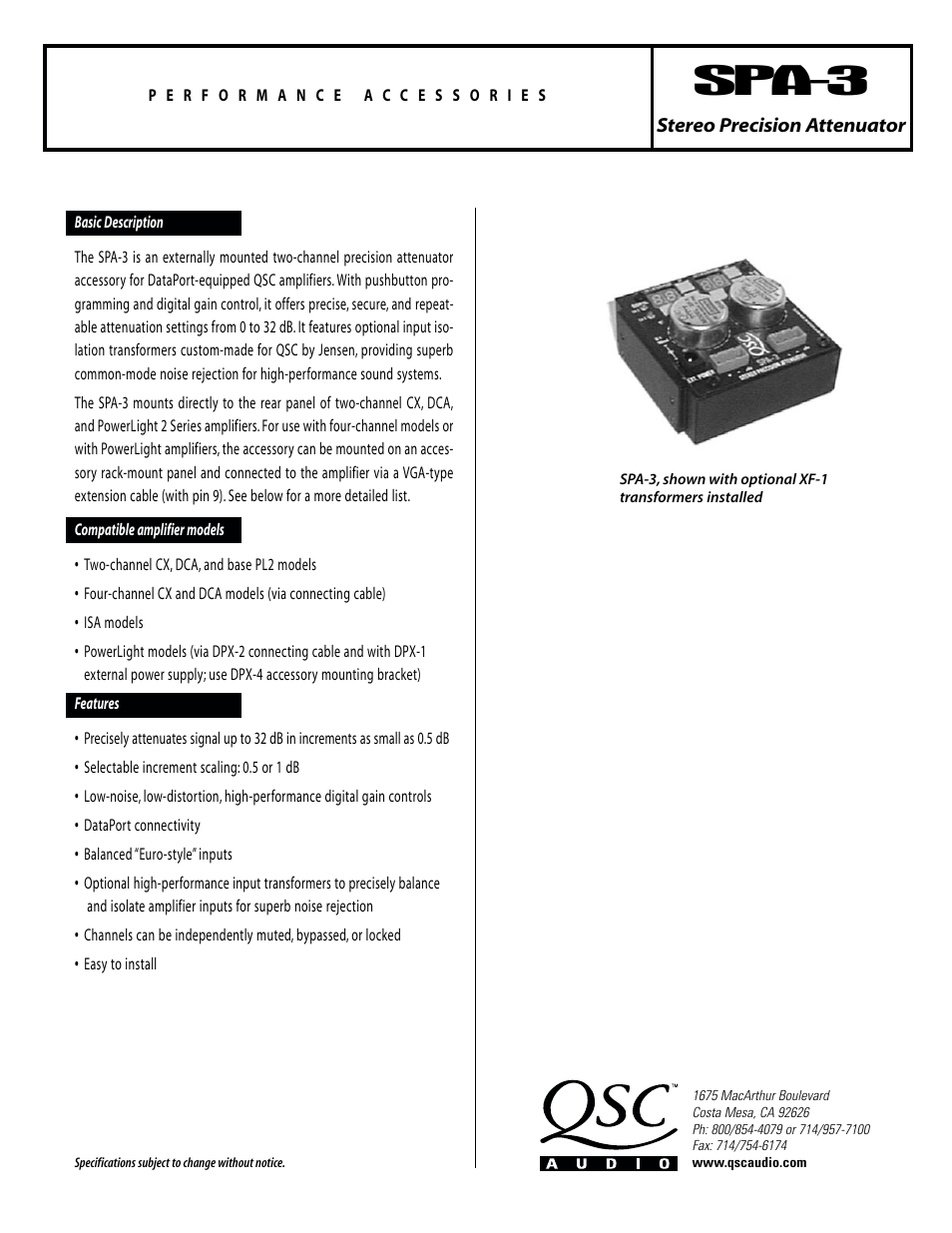 QSC Audio SPA-3 User Manual | 2 pages